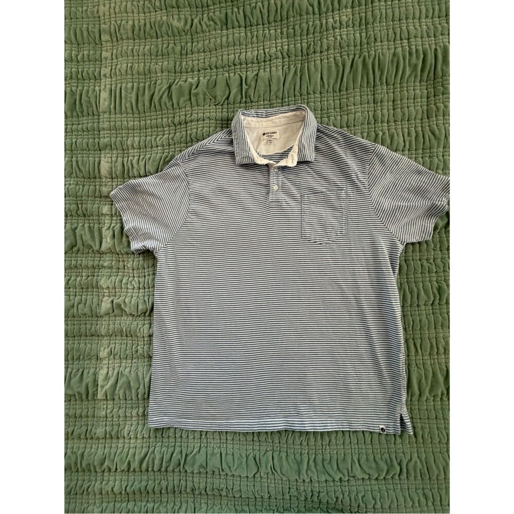 Sperry Men's Blue and White Thin-Striped Polo-XXL